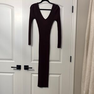 Fashion Nova Deep V-Neck Chocolate Long Sleeve Dress